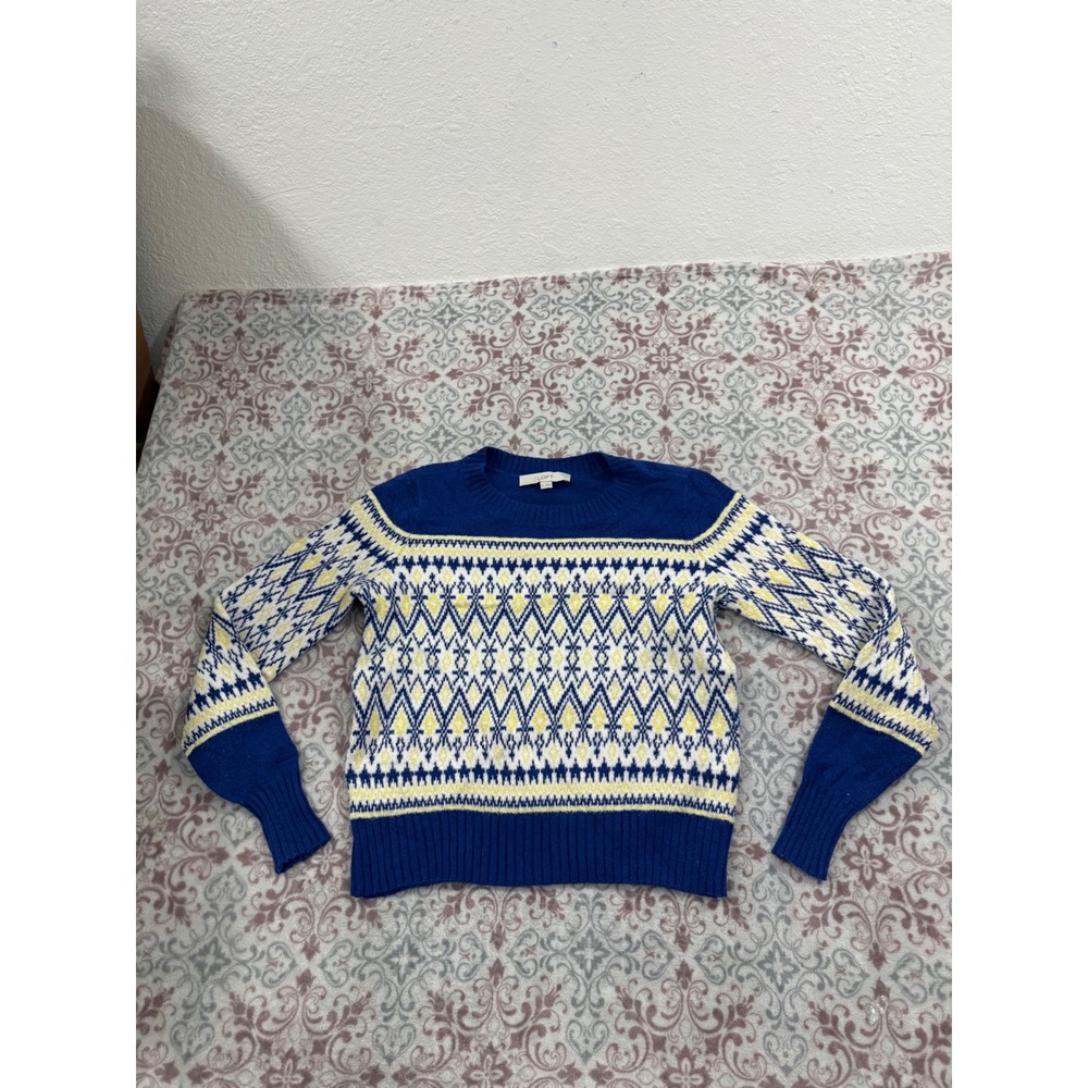 Loft Blue White Yellow Fair Isle Geometric Knit Crewneck Sweater Small
